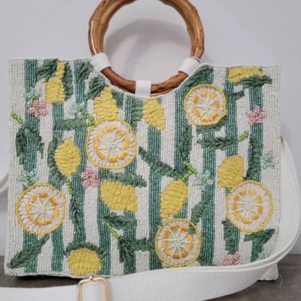 NWT ⚜️🍋⚜️Viral Beaded Lemon Tote Bag w/ Bamboo Handles & Crossbody Strap